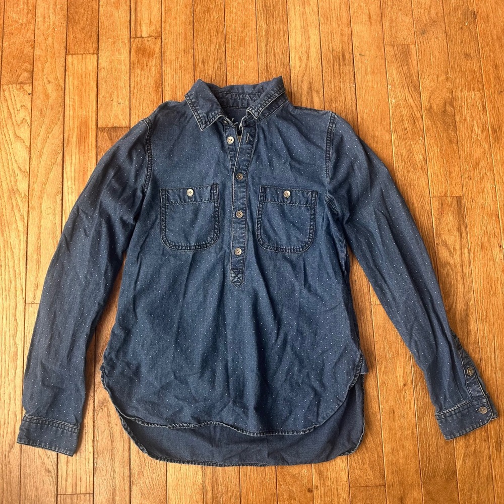 Denim Popover Preppy Top Cotton Womens XS Polka Dot Blue Modern Casual Indigo